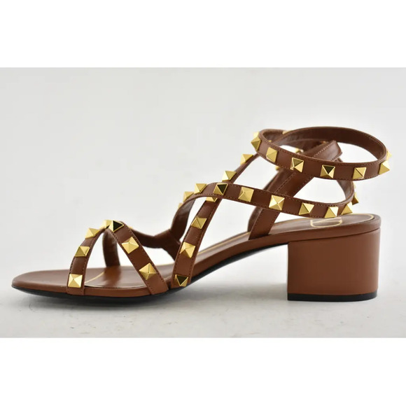 Valentino Rockstud Brown Flair City Ankle Strap Wrap Sandal Block Heel Pump 37 - Picture 8 of 12